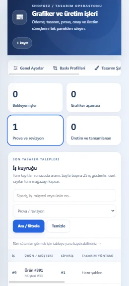 Shopgez Baskı Stüdyosu grafiker iş kuyruğu mobil gerçek ekranı