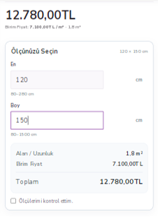 Özel ölçü akıllı fiyat hesaplama mobil gerçek ürün ekranı