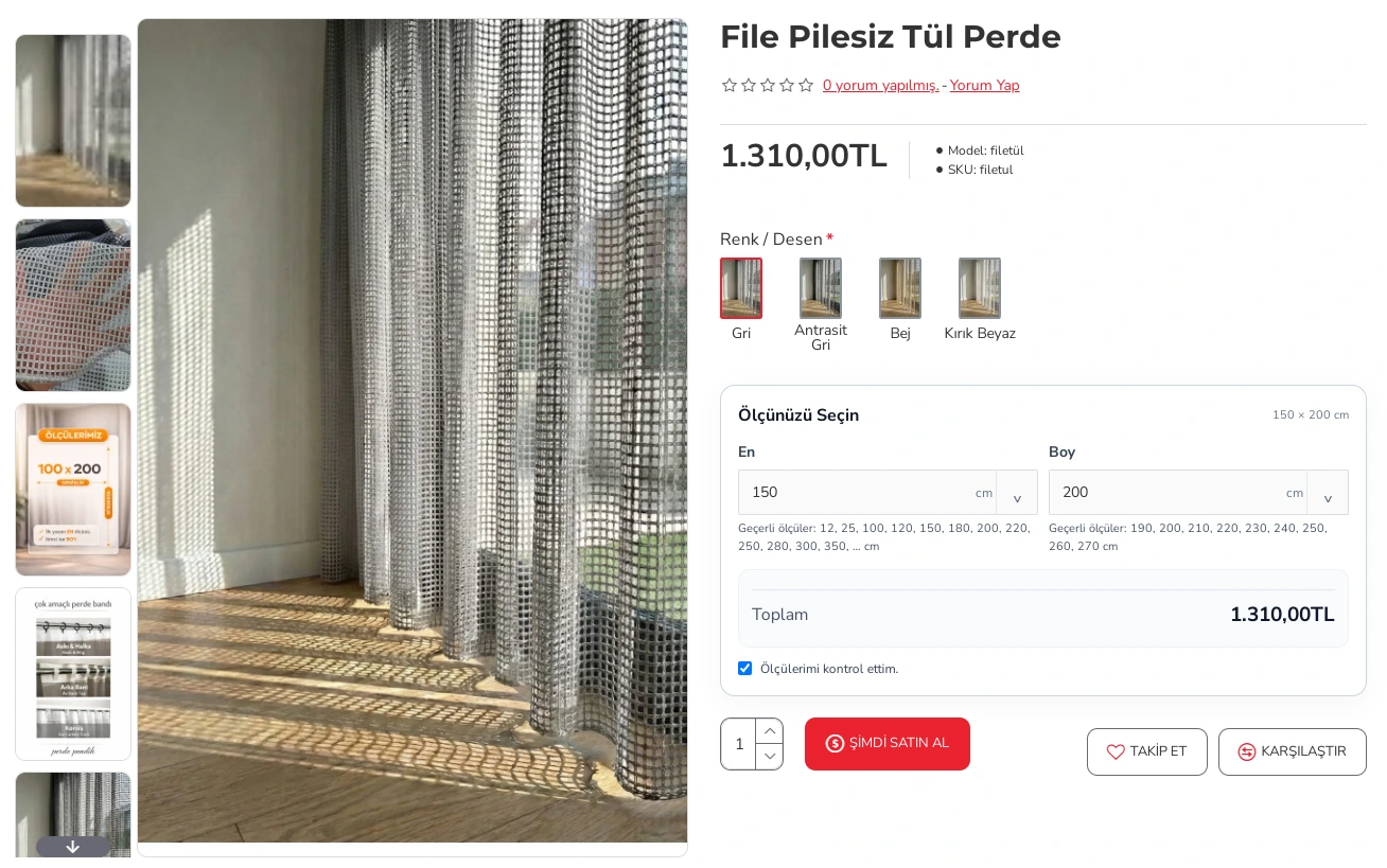 Shopgez perde geçerli en-boy seçimi ve toplam fiyat masaüstü gerçek ekranı