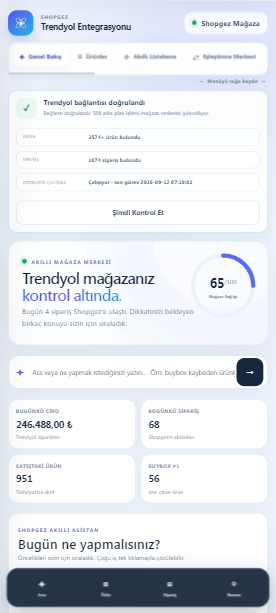 Shopgez Trendyol entegrasyonu genel bakış mobil gerçek ekranı