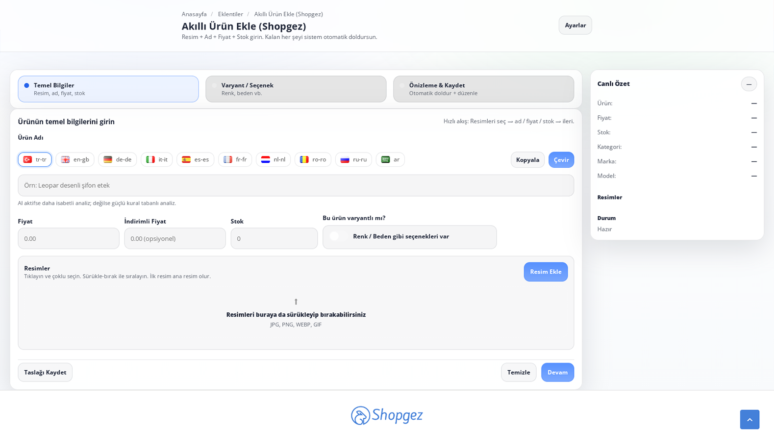 Shopgez akıllı ürün ekleme paneli