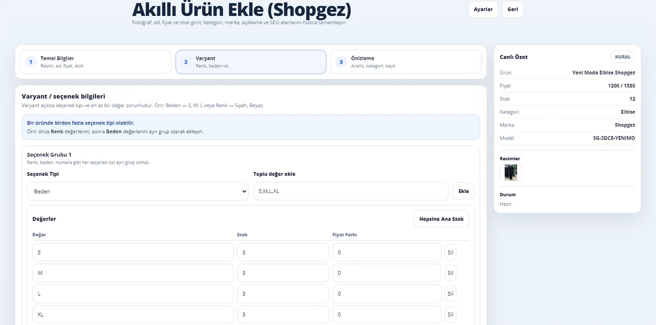 Varyant seçeneği ekleme masaüstü
