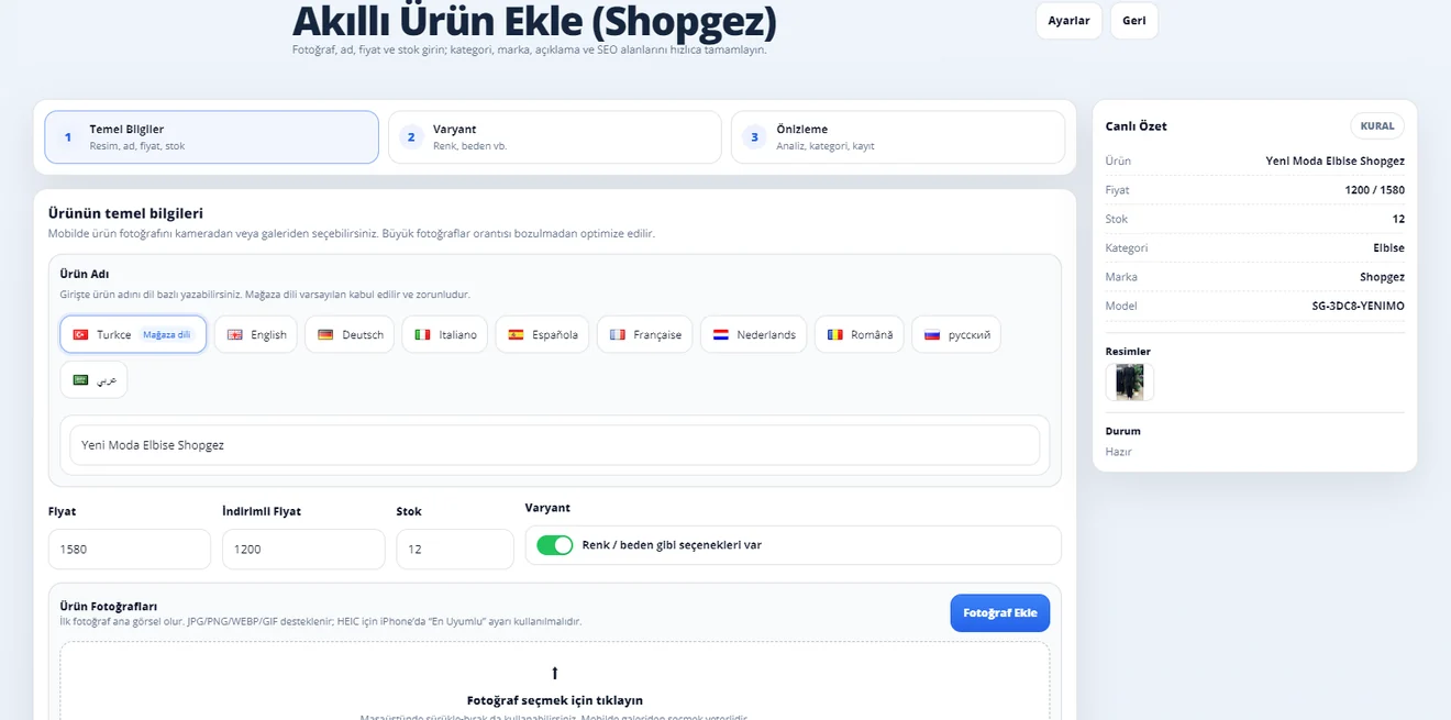 Shopgez akıllı ürün ekleme paneli