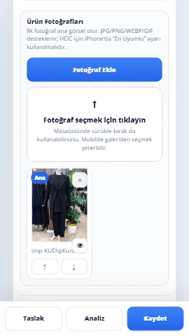 Mobil ürün fotoğrafı yükleme