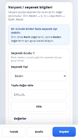 Varyant seçeneği ekleme mobil