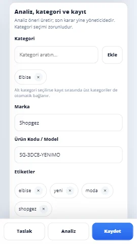Analiz kategori ve kayıt mobil