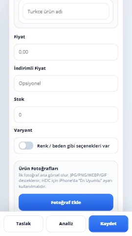 Akıllı ürün ekleme akışı mobil